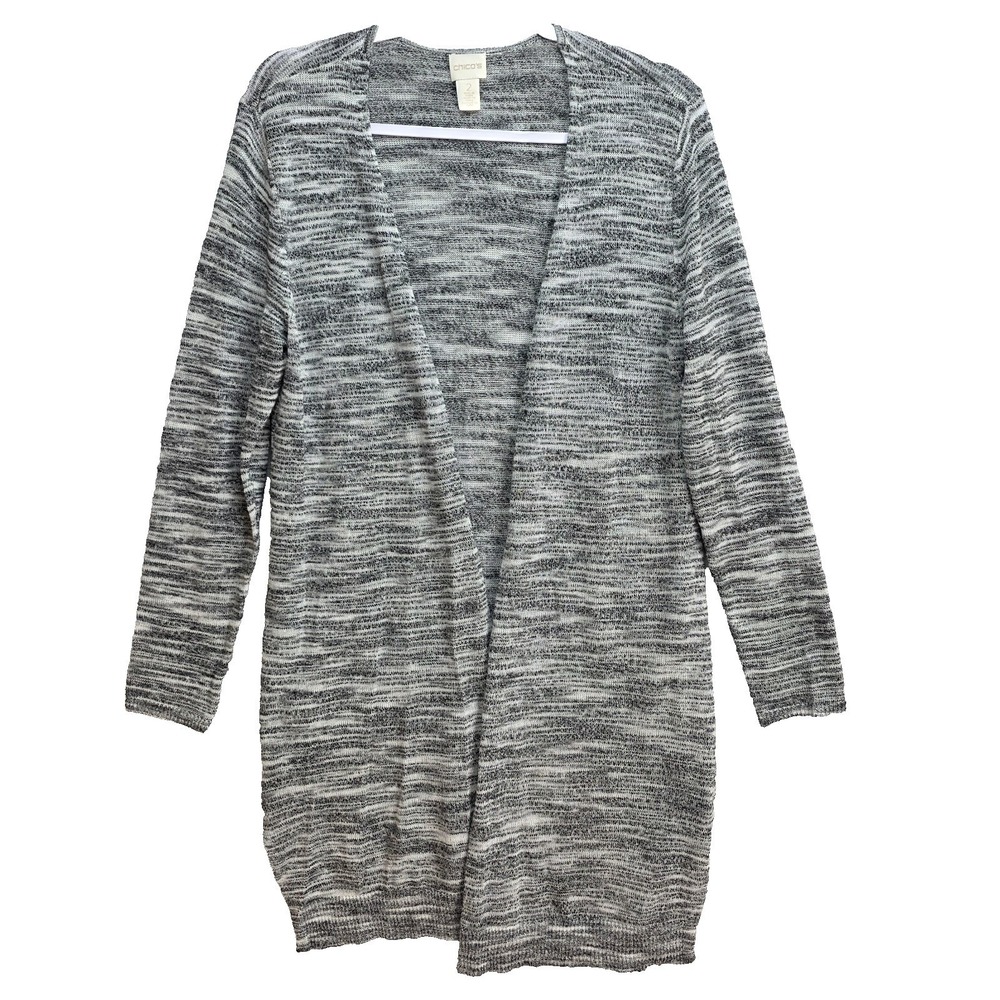 Chicos Open Front Cardigan Duster Sz L 12 Bohemian Cottagecore Gray Knit‎ Marled